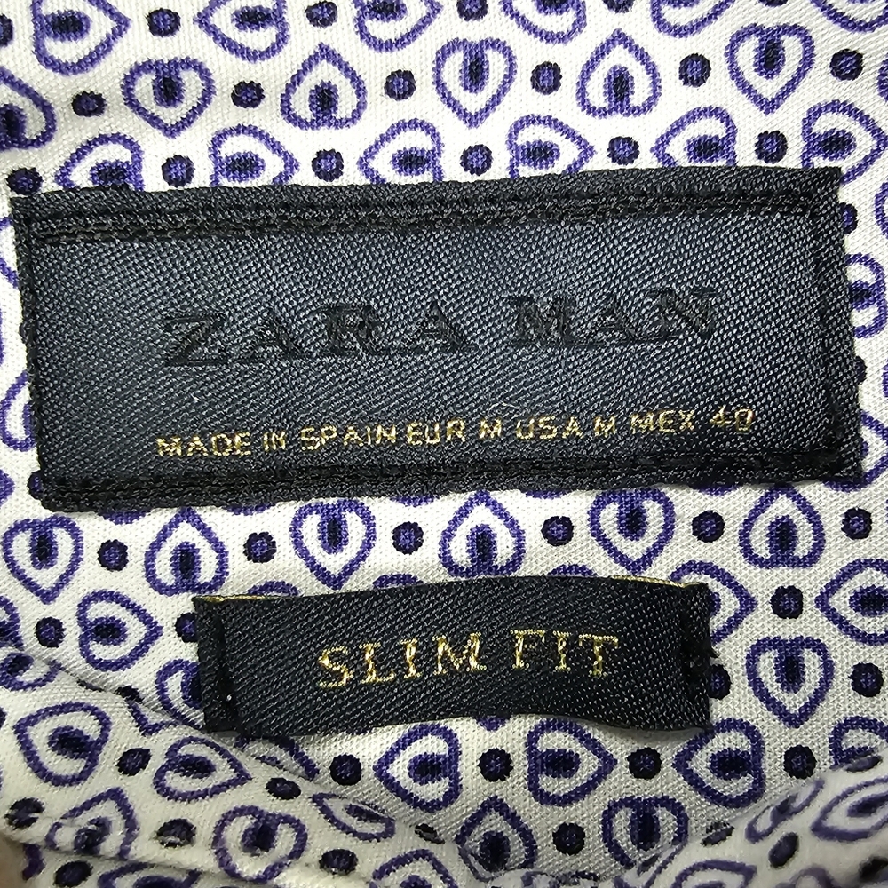 Zara Man Long Sleeve Slim Fit Button Down Shirt Blue White Men's Size Medium - Picture 7 of 15